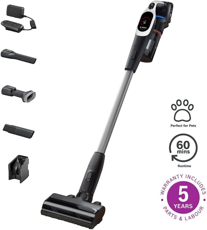 Bosch Unlimited 9 Cordless Vacuum Cleaner, 60-Minute Runtime, 3.0 Ah Battery Pack, MicroClean Technology, Easy Empty Dust Box, LED Lights, White, BBS931WGB