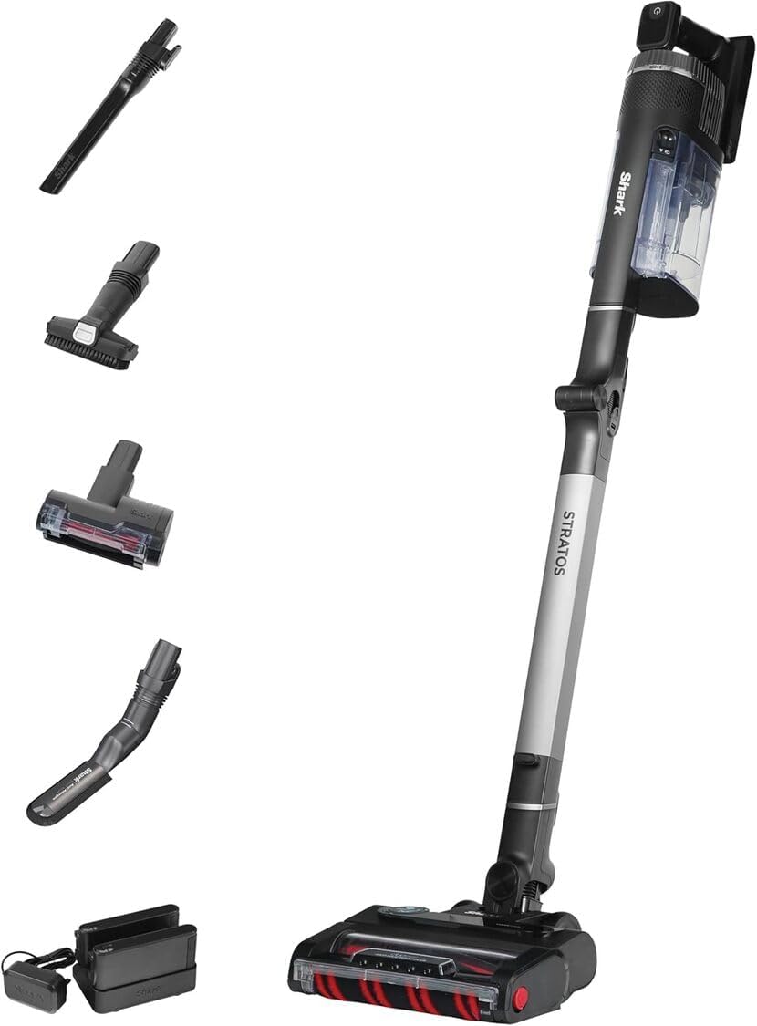 51vzCYO7vXL._AC_SL1125 Shark Stratos Cordless Stick Vacuum Cleaner Pet Pro with Anti Hair Wrap Plus, 120 Mins Run-Time (2 Batteries), Clean Sense IQ & Anti-Odour, Pet, Crevice & Multi-Surface Tools, Charcoal/Silver IZ420UKT
