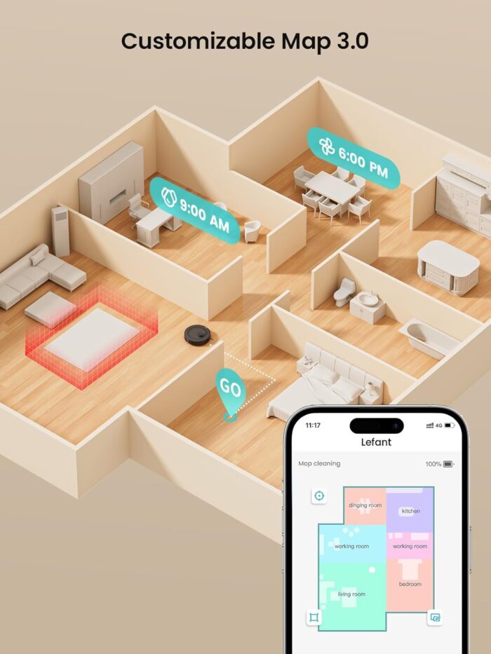 Lefant M2 Robot Vacuum Cleaner with Mop, Powerful 6000Pa Suction, dToF Laser Navigation, 2.4G/5G Wi-Fi, App/Alexa/Apple Watch Control, 140min Runtime, Ideal for Pet Hair, Carpets & Hard Floors