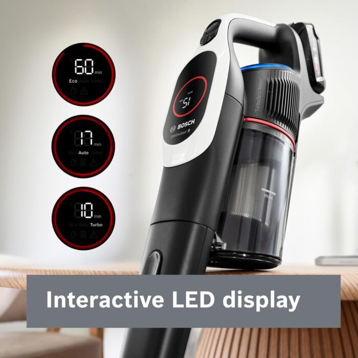 Bosch Unlimited 9 Cordless Vacuum Cleaner, 60-Minute Runtime, 3.0 Ah Battery Pack, MicroClean Technology, Easy Empty Dust Box, LED Lights, White, BBS931WGB