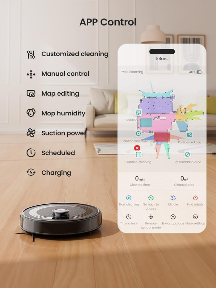 Lefant M2 Robot Vacuum Cleaner with Mop, Powerful 6000Pa Suction, dToF Laser Navigation, 2.4G/5G Wi-Fi, App/Alexa/Apple Watch Control, 140min Runtime, Ideal for Pet Hair, Carpets & Hard Floors
