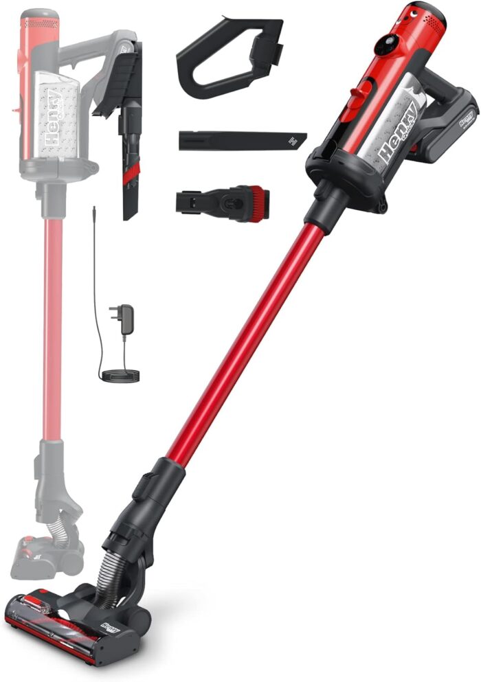 Henry Quick Cordless Stick Vacuum Cleaner, HEN.100, Up to 60 Mins Runtime, Dust-free Emptying, Powerful Cleaning, Interchangeable Battery, Lightweight, Red