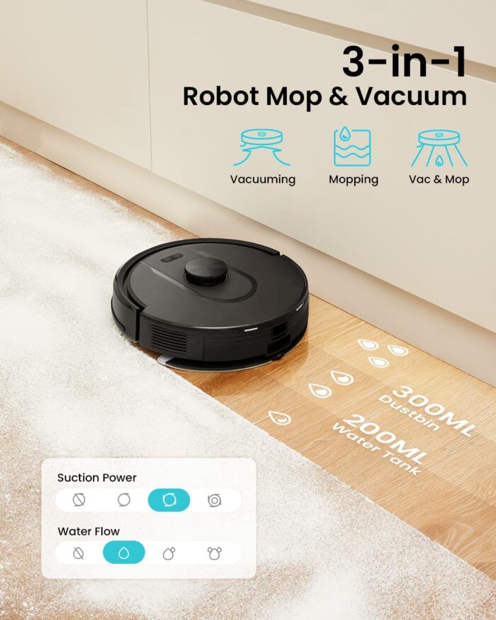 Vexilar Self-Emptying Robot Vacuum Cleaner with Mop, Laser Navigation, Up to 60 Days of Hands-Free Cleaning, 180 Mins Runtime, Strong 8000Pa Suction Robot Vacuum to Clean Floors, Carpets, and Pet Hair