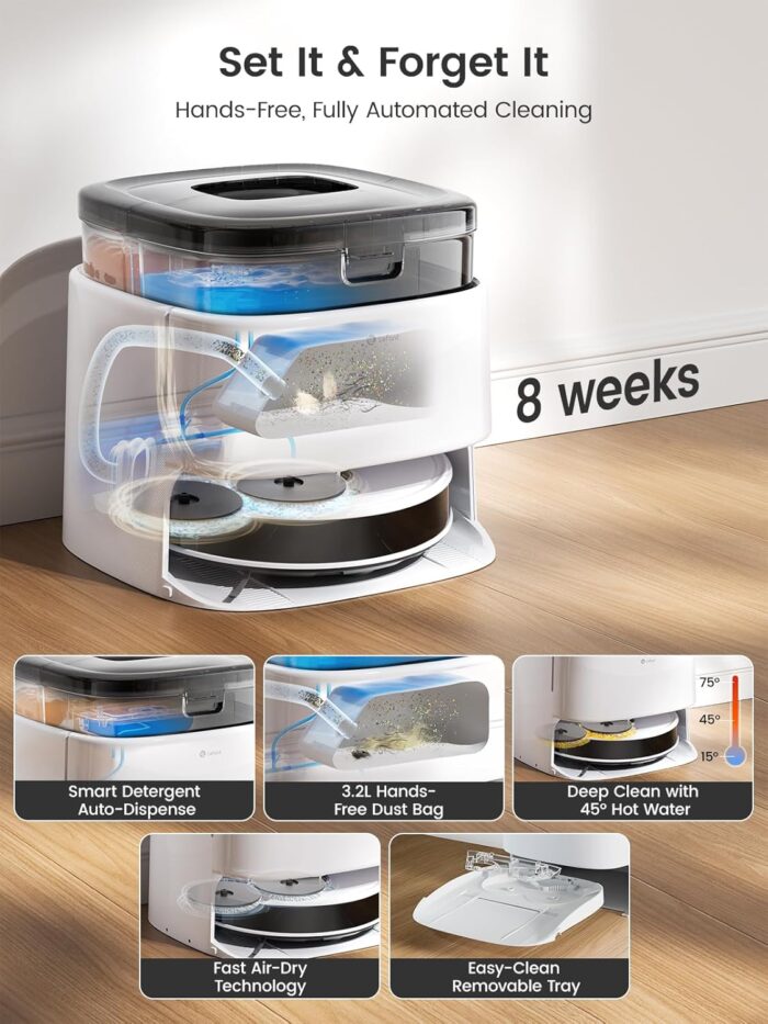 Lefant M3 Robot Vacuum Cleaner with Mop, Self-Emptying All-in-One Station, 12,000Pa Suction, dToF Laser Navigation, Dual-Spin Mops, 45°C Hot Water Auto-Wash & Air-Dry, Works on WiFi 2.4G & 5G