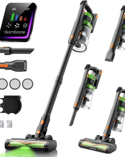 SunSare Cordless Vacuum Cleaner, 50KPa 600W 65Mins Stick Vacuum with Green Headlights, Aromatherapy, Anti-Tangle Rollor, 1.8L Upright Vacuum Cleaner for Pet Hair Carpets Hardwood Floors