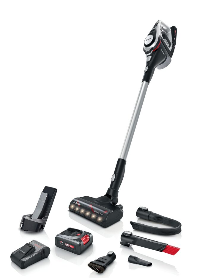 Bosch Unlimited 9 Cordless Vacuum Cleaner, 60-Minute Runtime, 3.0 Ah Battery Pack, MicroClean Technology, Easy Empty Dust Box, LED Lights, White, BBS931WGB