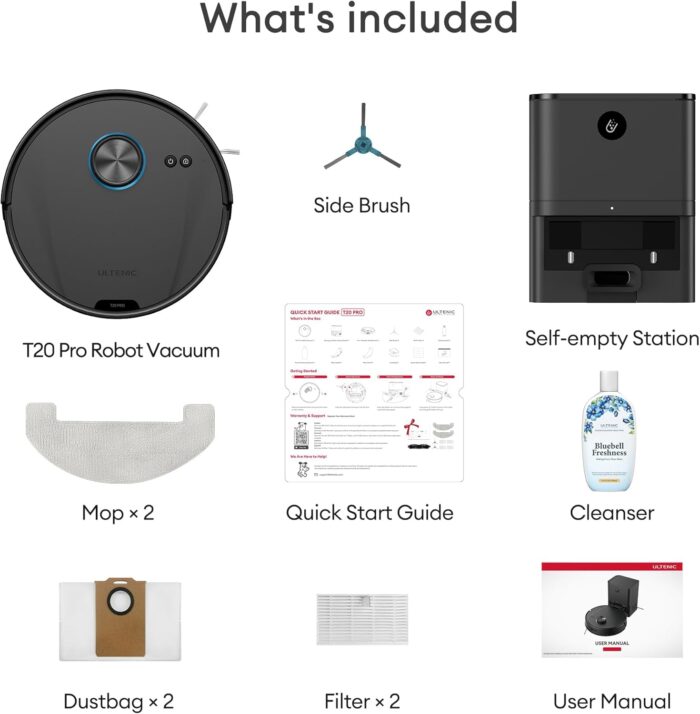 Ultenic T20 Pro Self Emptying Robot Vacuum Cleaner with Mop 8000Pa, 180 Mins Runtime, LiDAR Navigation, Up to 10 Weeks of Hands Free Cleaning Robot Vacuum for Pet Hair, Carpet, All Floors