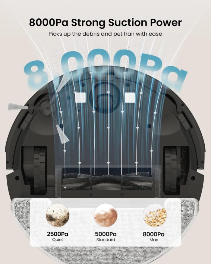 Vexilar Self-Emptying Robot Vacuum Cleaner with Mop, Laser Navigation, Up to 60 Days of Hands-Free Cleaning, 180 Mins Runtime, Strong 8000Pa Suction Robot Vacuum to Clean Floors, Carpets, and Pet Hair