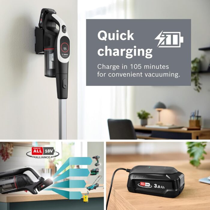 Bosch Unlimited 9 Cordless Vacuum Cleaner, 60-Minute Runtime, 3.0 Ah Battery Pack, MicroClean Technology, Easy Empty Dust Box, LED Lights, White, BBS931WGB