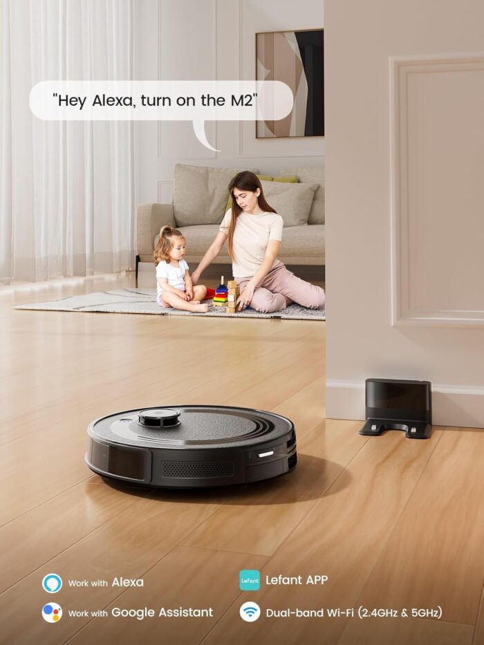 Lefant M2 Robot Vacuum Cleaner with Mop, Powerful 6000Pa Suction, dToF Laser Navigation, 2.4G/5G Wi-Fi, App/Alexa/Apple Watch Control, 140min Runtime, Ideal for Pet Hair, Carpets & Hard Floors