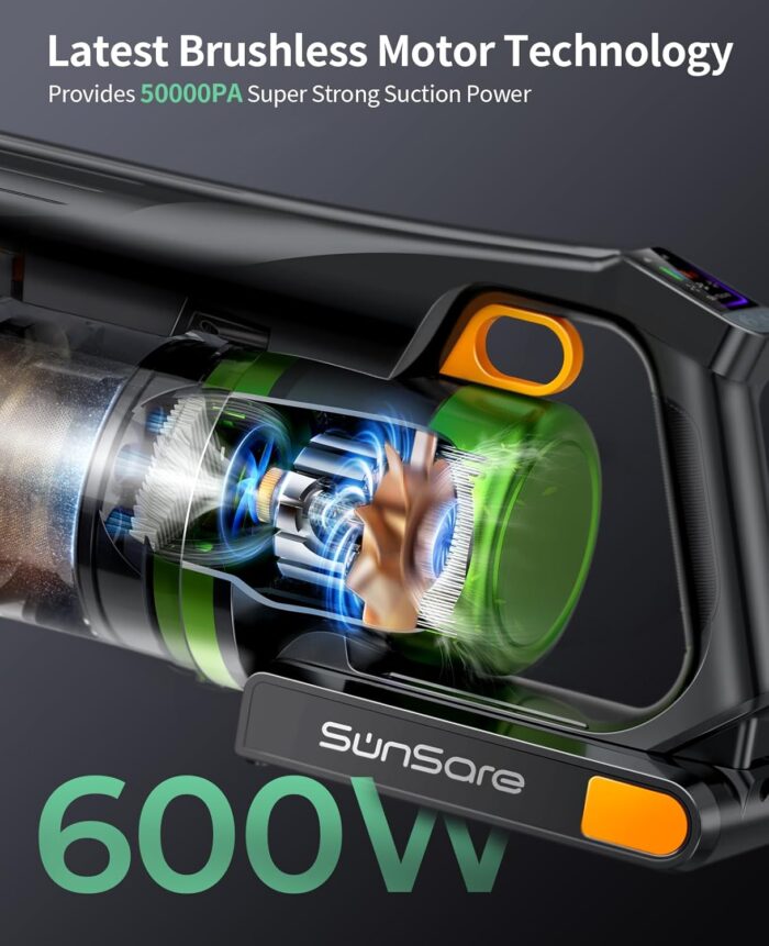 SunSare Cordless Vacuum Cleaner, 50KPa 600W 65Mins Stick Vacuum with Green Headlights, Aromatherapy, Anti-Tangle Rollor, 1.8L Upright Vacuum Cleaner for Pet Hair Carpets Hardwood Floors