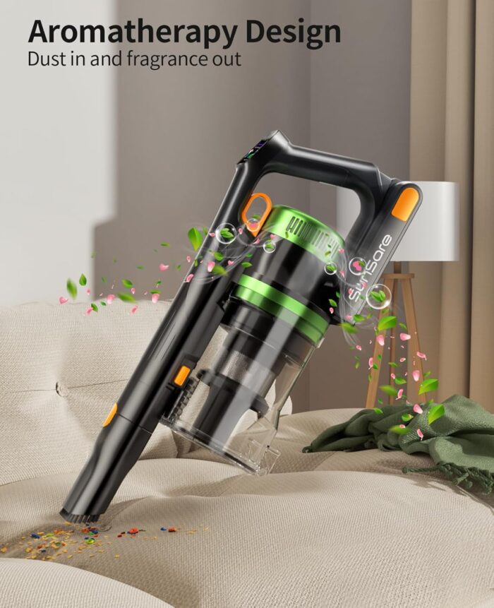 SunSare Cordless Vacuum Cleaner, 50KPa 600W 65Mins Stick Vacuum with Green Headlights, Aromatherapy, Anti-Tangle Rollor, 1.8L Upright Vacuum Cleaner for Pet Hair Carpets Hardwood Floors