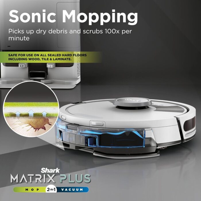 Shark Matrix Plus 2-in-1 Robot Vacuum and Mop with Self-charging Base - Deep-cleans Carpets, Hard Floors and Pet Hair - 3D LiDAR Navigation - Wi-Fi/App - 2 Pads and 2 Brushes incl. - Grey