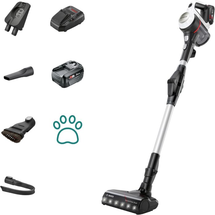 Bosch Unlimited 7 BCS712GB ProHome MultiUse Lightweight Cordless Vacuum Cleaner with Flex Tube, Quick Charger & Accessories, 2 Batteries 80 minutes runtime - White
