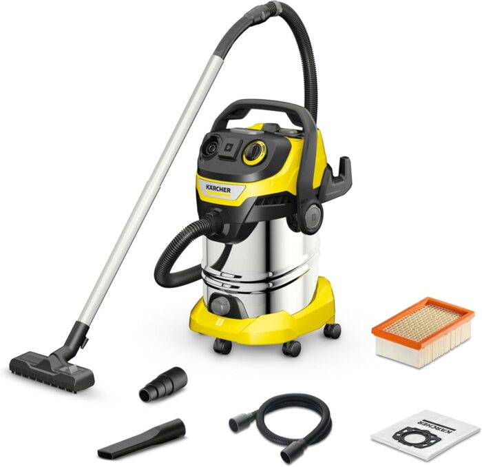 Kärcher Wet and Dry vacuum cleaner WD 6 P Premium, blower function, 1,300 W, stainless steel container: 30 l, suction hose: 2.2 m, extension hose, power outlet, drain screw, floor and crevice nozzle