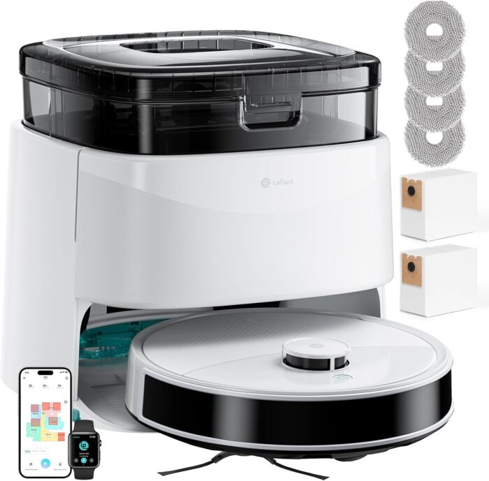 Lefant M3 Robot Vacuum Cleaner with Mop, Self-Emptying All-in-One Station, 12,000Pa Suction, dToF Laser Navigation, Dual-Spin Mops, 45°C Hot Water Auto-Wash & Air-Dry, Works on WiFi 2.4G & 5G