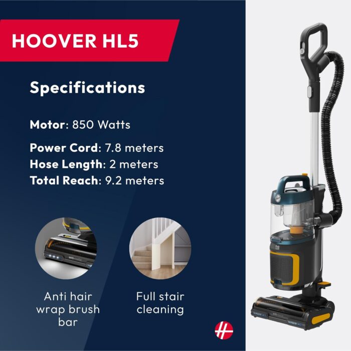 Hoover HL5 Pets Upright Vacuum Cleaner with Pet Hair Attachment, Powerful Suction, Push&Lift Portable Mode, Anti Hair Wrap, LED Lights, Hepa Filter, Corded, 850w [HL500PT]