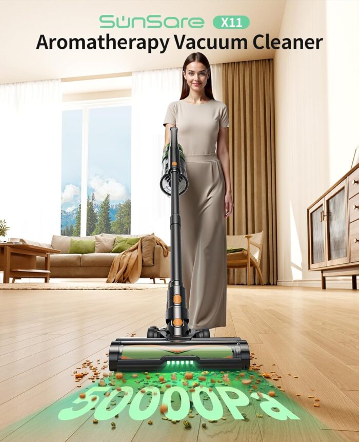 SunSare Cordless Vacuum Cleaner, 50KPa 600W 65Mins Stick Vacuum with Green Headlights, Aromatherapy, Anti-Tangle Rollor, 1.8L Upright Vacuum Cleaner for Pet Hair Carpets Hardwood Floors