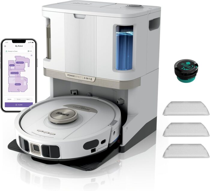 Shark PowerDetect Robot Vacuum and Mop with 60-Day Self-emptying and Cleaning Base - 3D LiDAR Navigation - Wi-Fi / App - 3 Anti-microb Pads, 1 Odour Cartridge and 2 Brushes Incl. - White