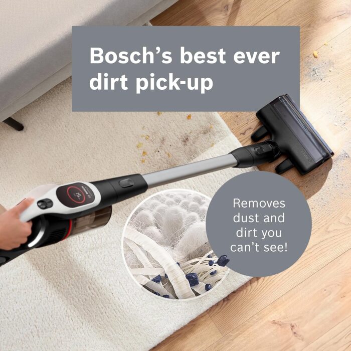 Bosch Unlimited 9 Cordless Vacuum Cleaner, 60-Minute Runtime, 3.0 Ah Battery Pack, MicroClean Technology, Easy Empty Dust Box, LED Lights, White, BBS931WGB