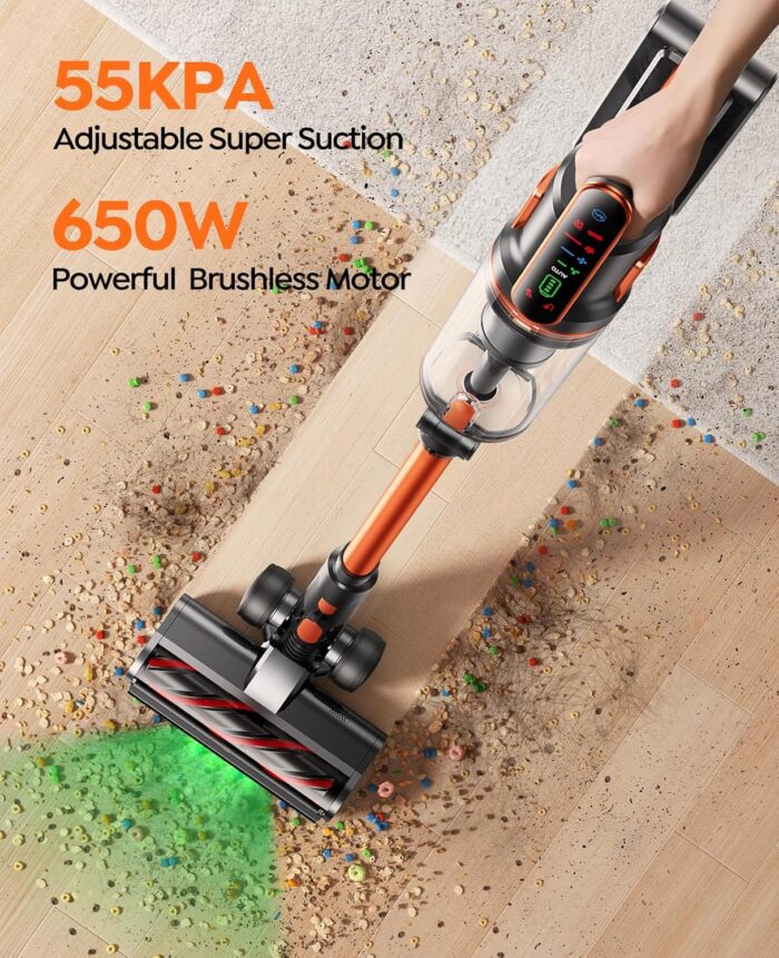 Cordless Vacuum Cleaner 50KPA/600W/65 Mins Cordless Stick Vacuum with Touch Screen, Anti-tangle&AUTO Mode,Wall Charging Powerful Handheld Vacuums for Home Carpet/Car/Pet Hair - Ideal for UK Homes