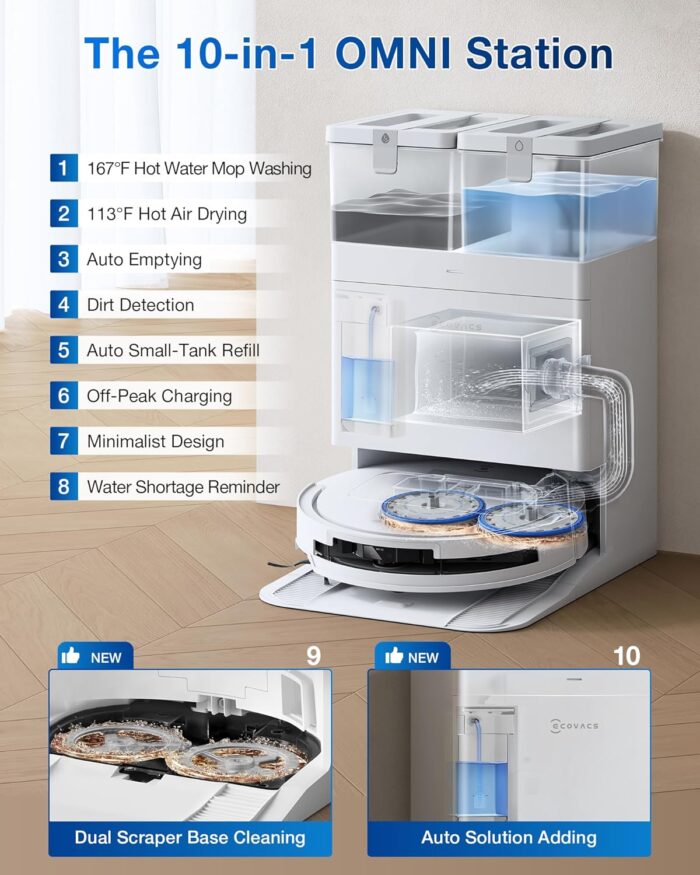 ECOVACS DEEBOT T50 PRO OMNI Robot Vacuum,Extend Side Brush and Mop, 15,000Pa, AIVI 3D 3.0, Auto Cleaning Solution Adding, 75℃ Hot Water Mop Washing, Hot Air-Drying, Ultra-thin 81mm, White