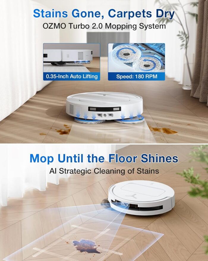 ECOVACS DEEBOT T50 PRO OMNI Robot Vacuum,Extend Side Brush and Mop, 15,000Pa, AIVI 3D 3.0, Auto Cleaning Solution Adding, 75℃ Hot Water Mop Washing, Hot Air-Drying, Ultra-thin 81mm, White
