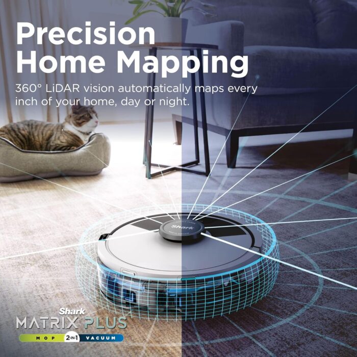 Shark Matrix Plus 2-in-1 Robot Vacuum and Mop with Self-charging Base - Deep-cleans Carpets, Hard Floors and Pet Hair - 3D LiDAR Navigation - Wi-Fi/App - 2 Pads and 2 Brushes incl. - Grey