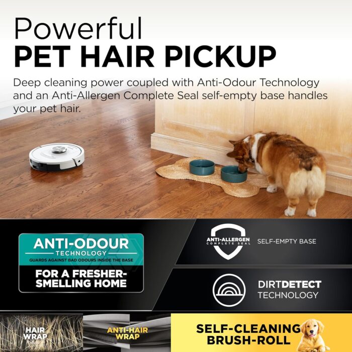 Shark PowerDetect Robot Vacuum with 60-Day Self-emptying Base - For Carpets, Hard Floors and Pet Hair - 3D LiDAR Navigation - Wi-Fi / App - Odour Cartridge and 2 Brushes Incl. - White